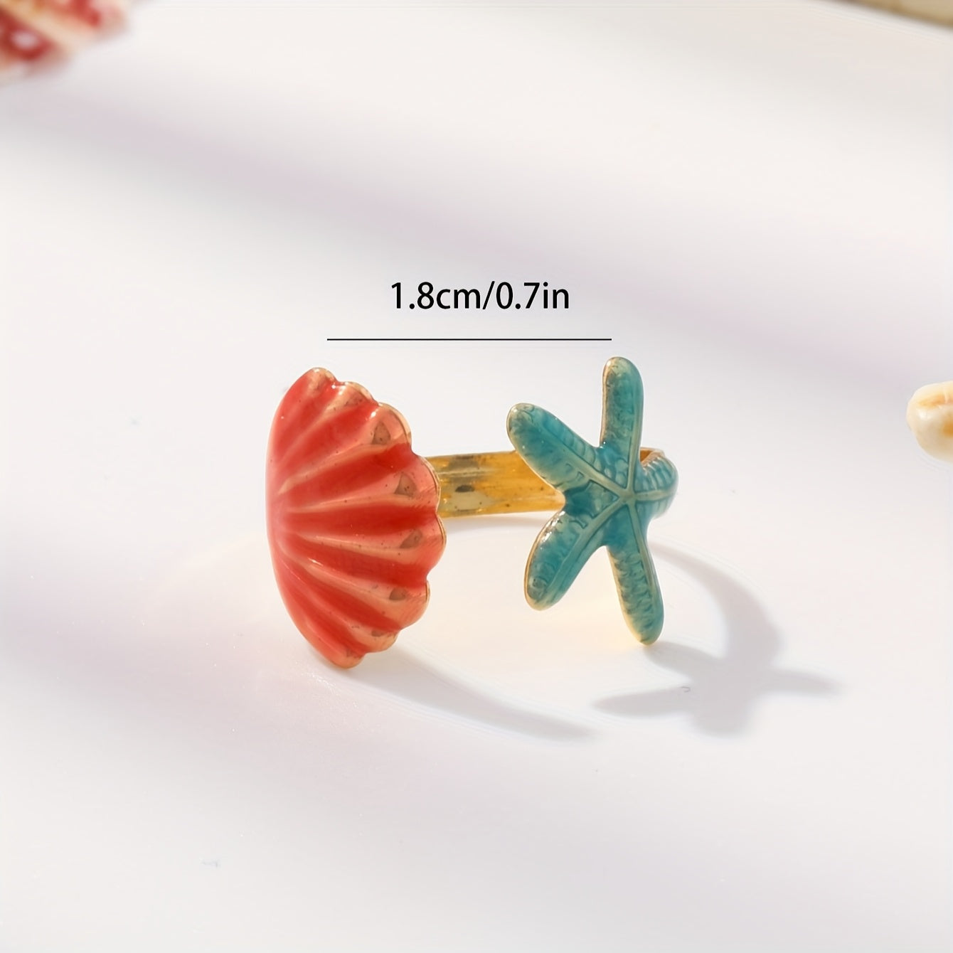 Enamel Starfish and Shell Adjustable Ring