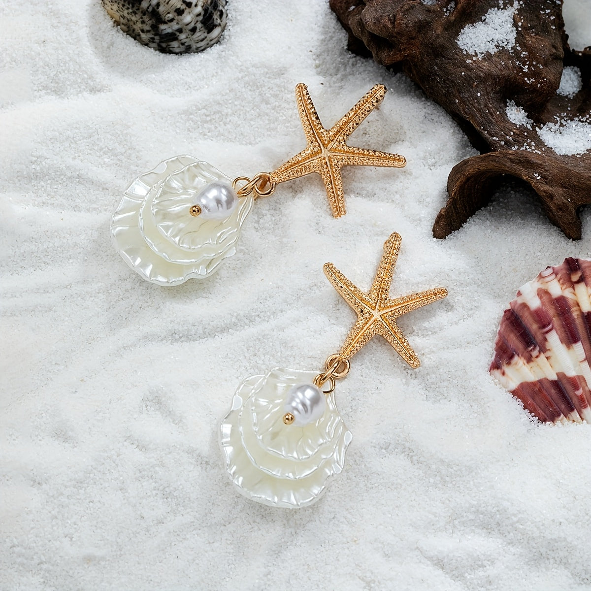 Gold Starfish Pearl Shell Drop Earrings