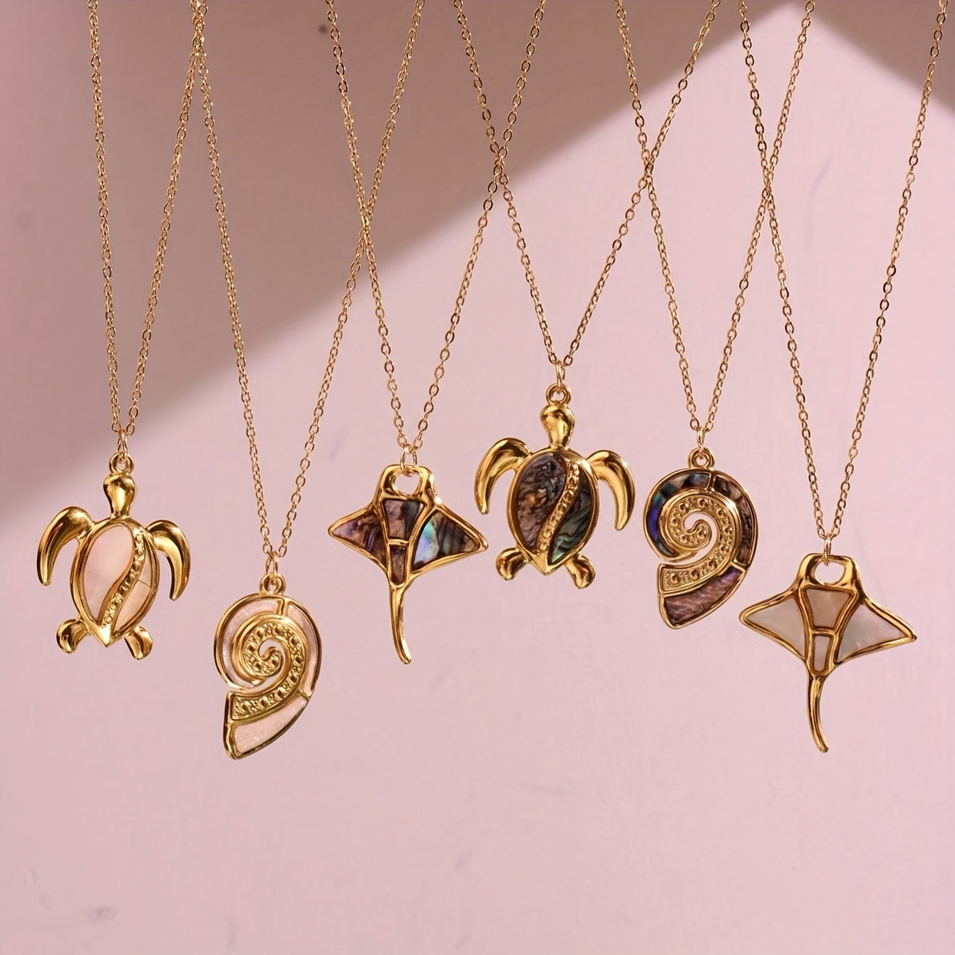 Gold Sea Life Pendant Necklaces with Shell Inlays