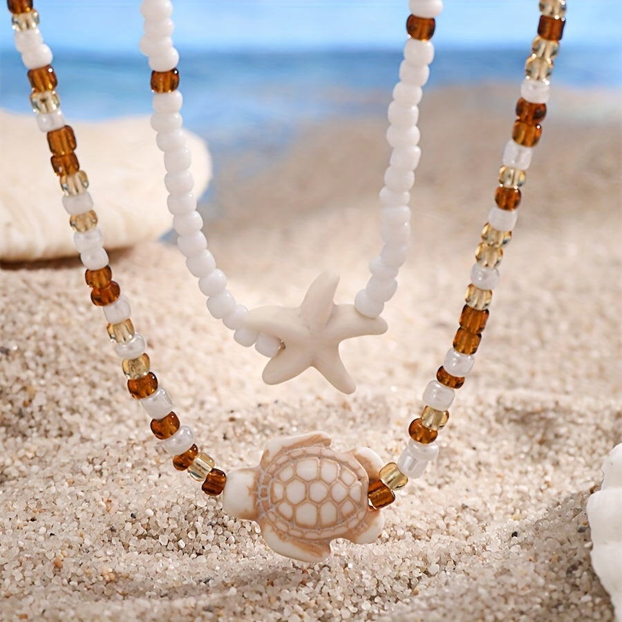 Beachy Layered Beaded Necklace with Turtle & Starfish