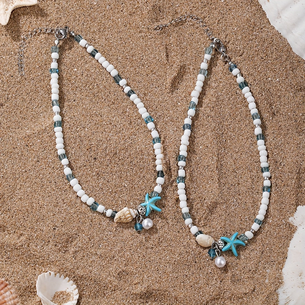 Double Layered Blue White Starfish Shell Anklet