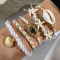 Boho White Pearl, Shell & Starfish Bracelets Set