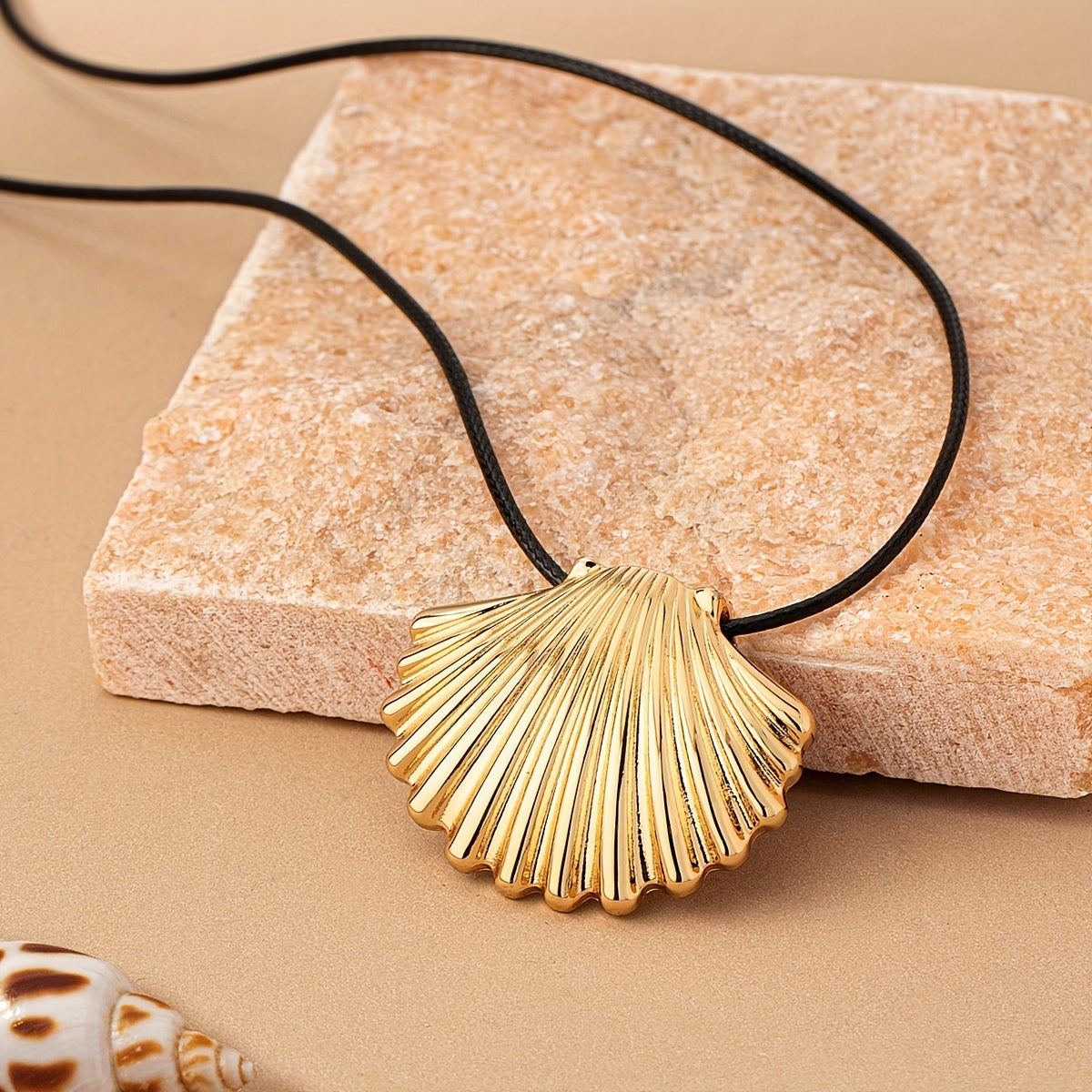 Golden Scallop Shell Necklace with Black Cord