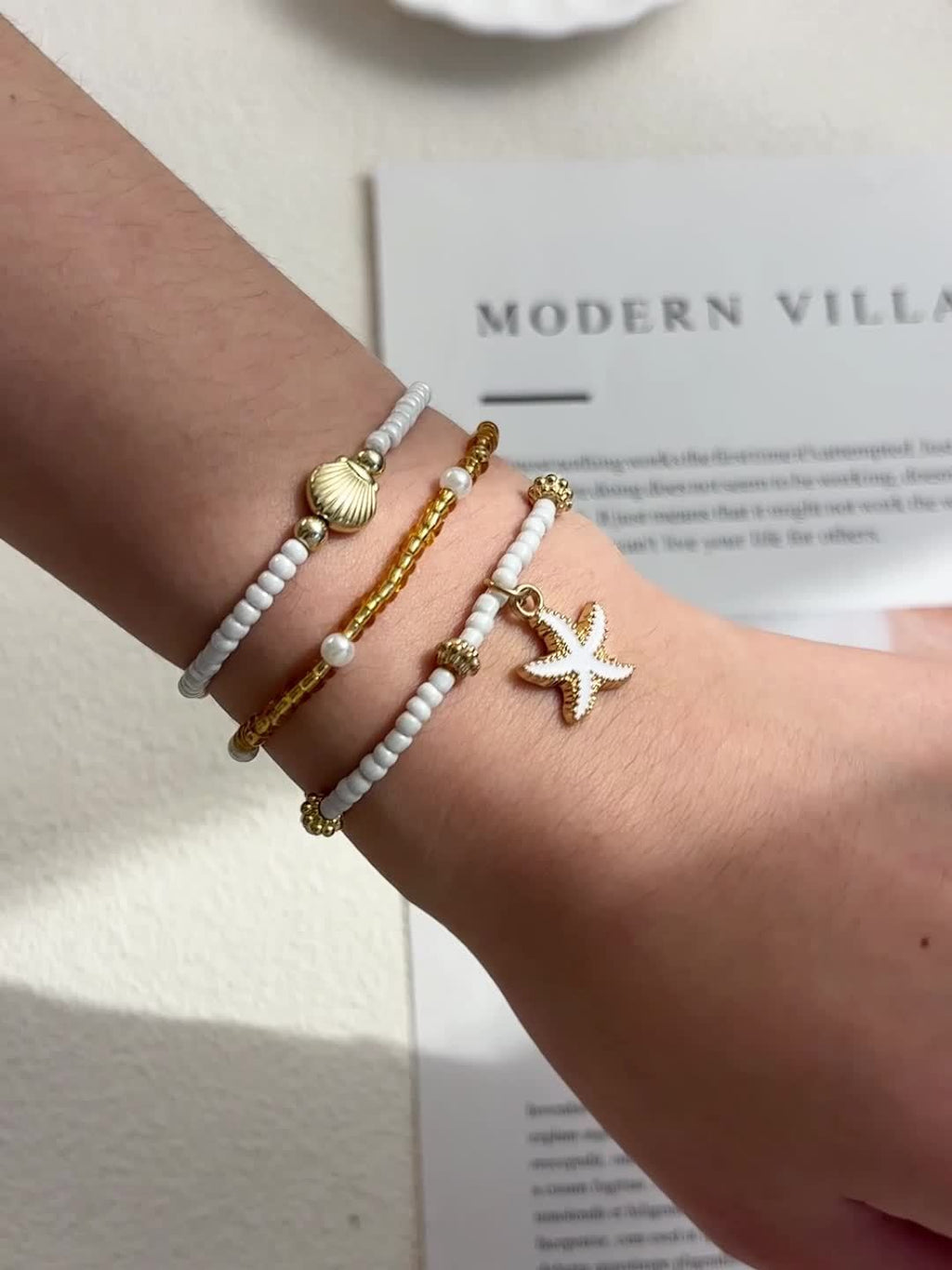 Beachy White Gold Beaded Anklet Set with Starfish