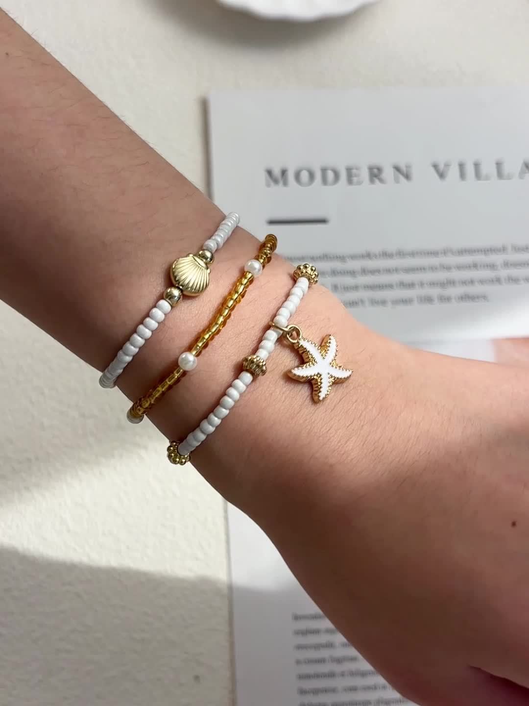 Beachy White Gold Beaded Anklet Set with Starfish