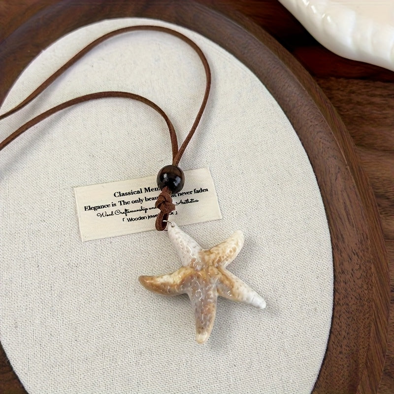 Bohemian Starfish Necklace with Wood Bead