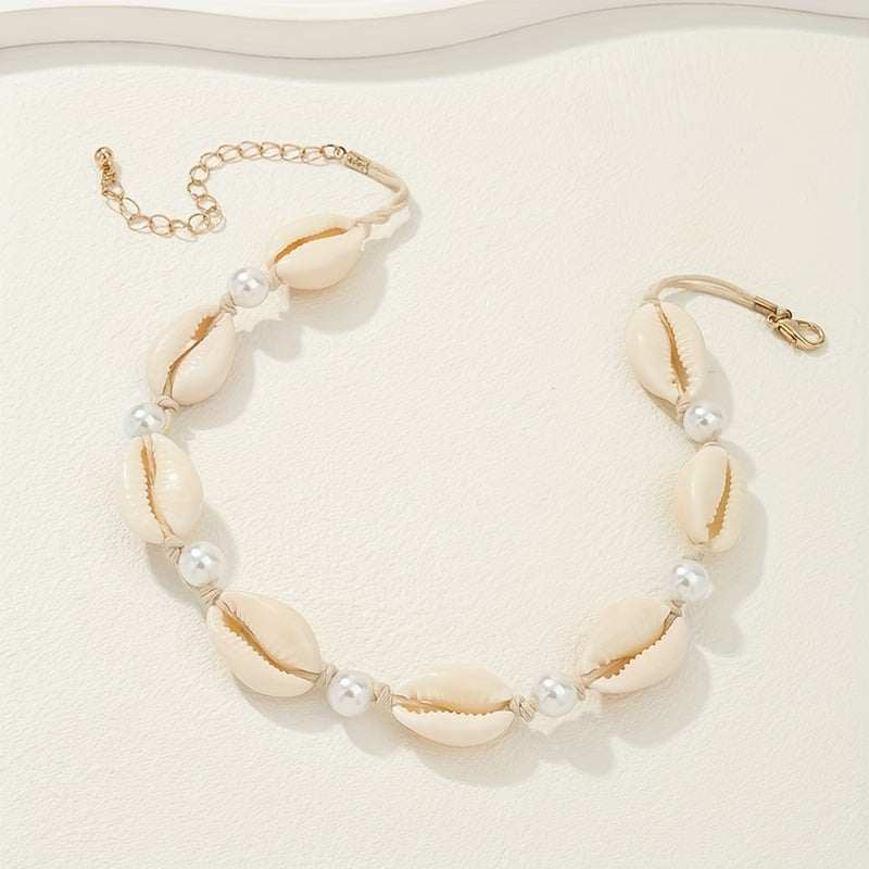 Boho Cowrie Shell and Pearl Choker Necklace