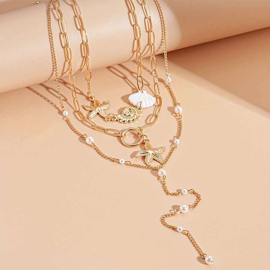 Bohemian Gold Layered Starfish & Pearl Necklace
