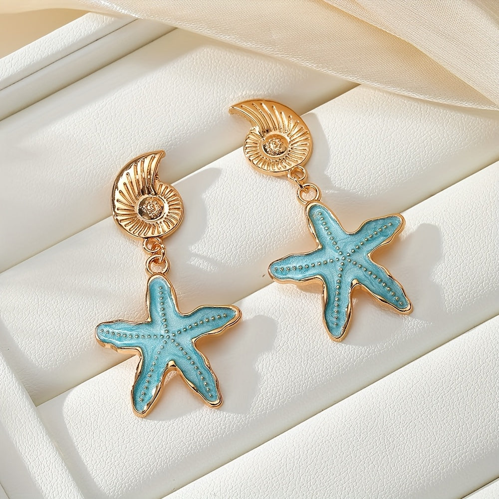 Gold-Tone Shell with Blue Starfish Drop Earrings