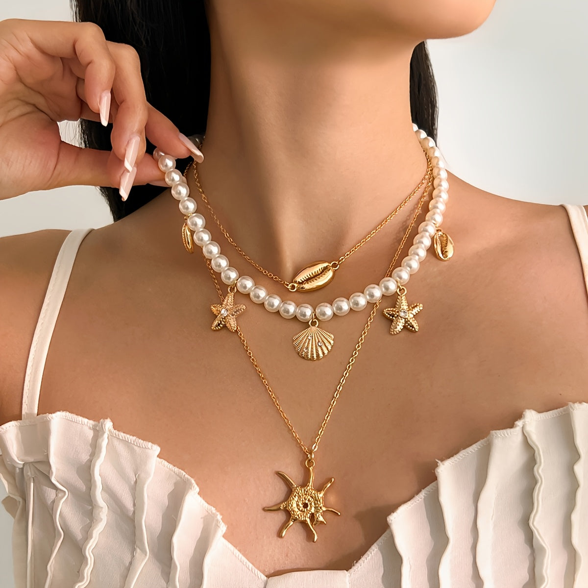 Bohemian Layered Pearl Necklace with Gold Sea Charms