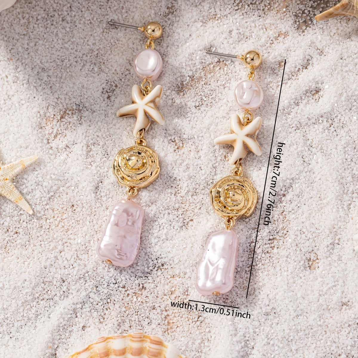 Bohemian Gold Starfish Drop Earrings with Pink Pearls