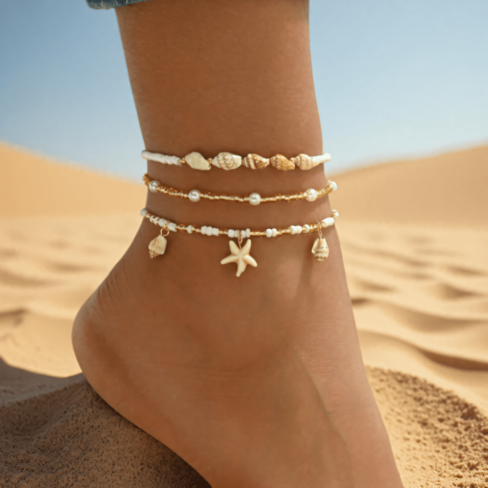 Beaded Layered Anklets with Seashells, Starfish, and Pearls
