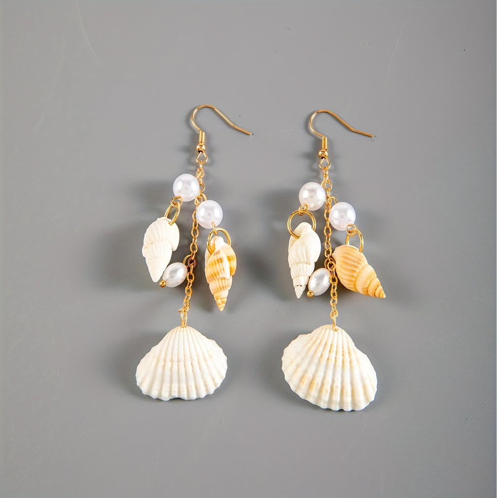 Bohemian Gold Seashell and Pearl Drop Earrings