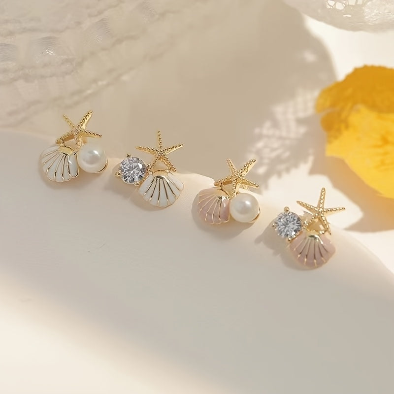 Asymmetric Starfish Shell Earrings with Pearl & CZ