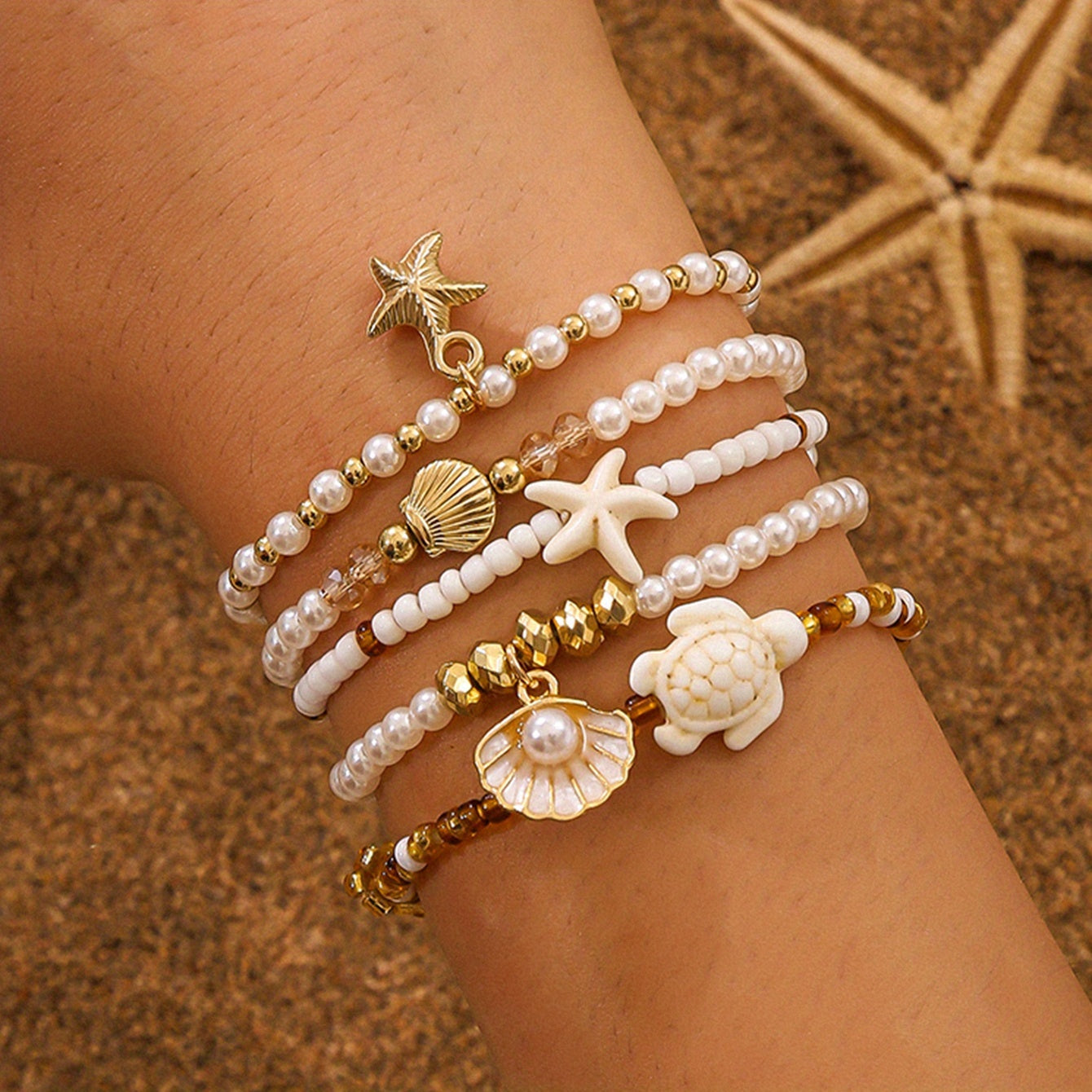 Bohemian White & Gold Layered Sea Charm Bracelets