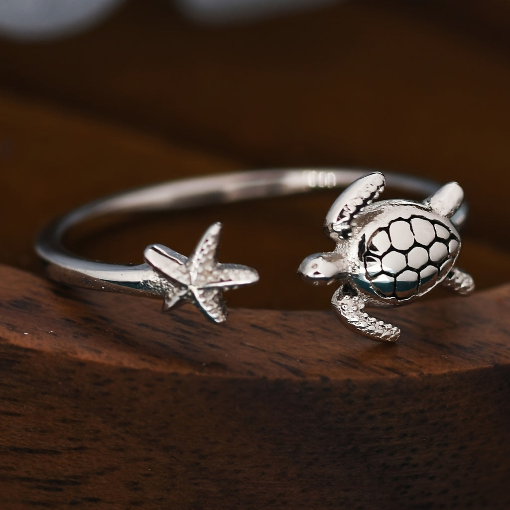 Adjustable Sea Turtle and Starfish Silver Ring