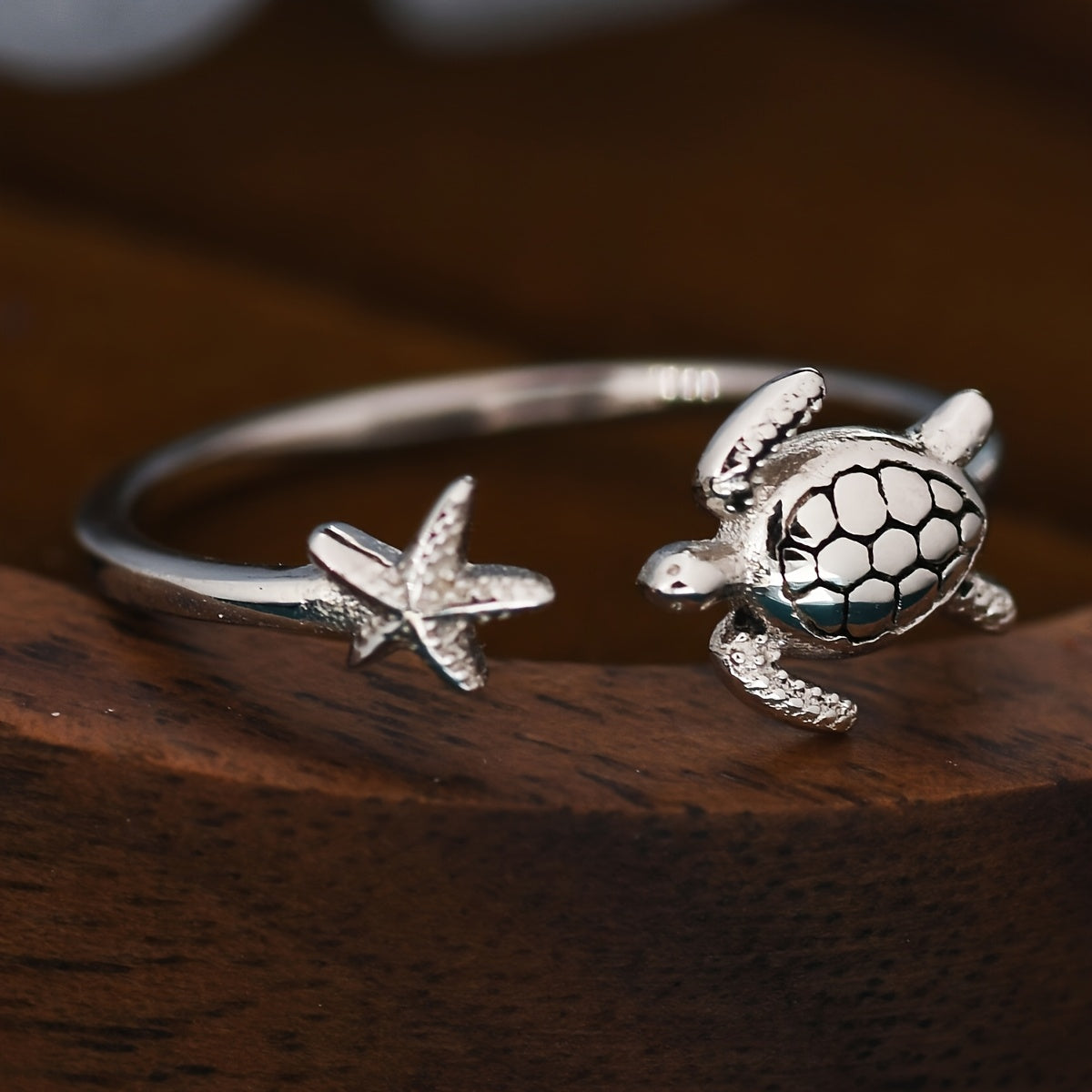 Adjustable Sea Turtle and Starfish Silver Ring
