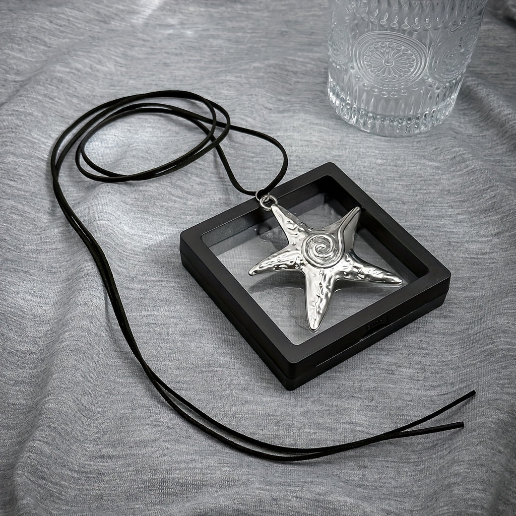 Bohemian Silver Starfish Lariat Necklace with Black Cord