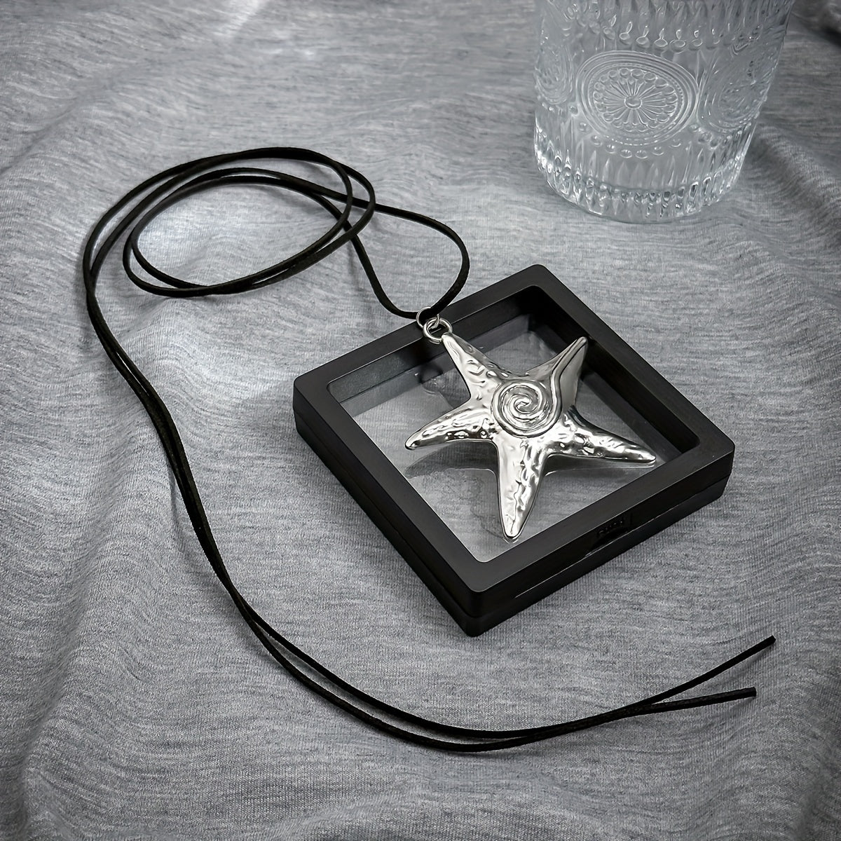 Bohemian Silver Starfish Lariat Necklace with Black Cord