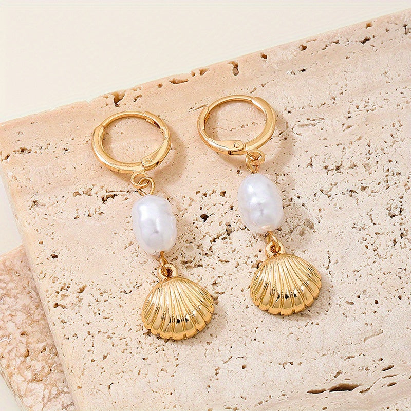 Dainty Gold Drop Earrings with Pearl & Scallop Shell