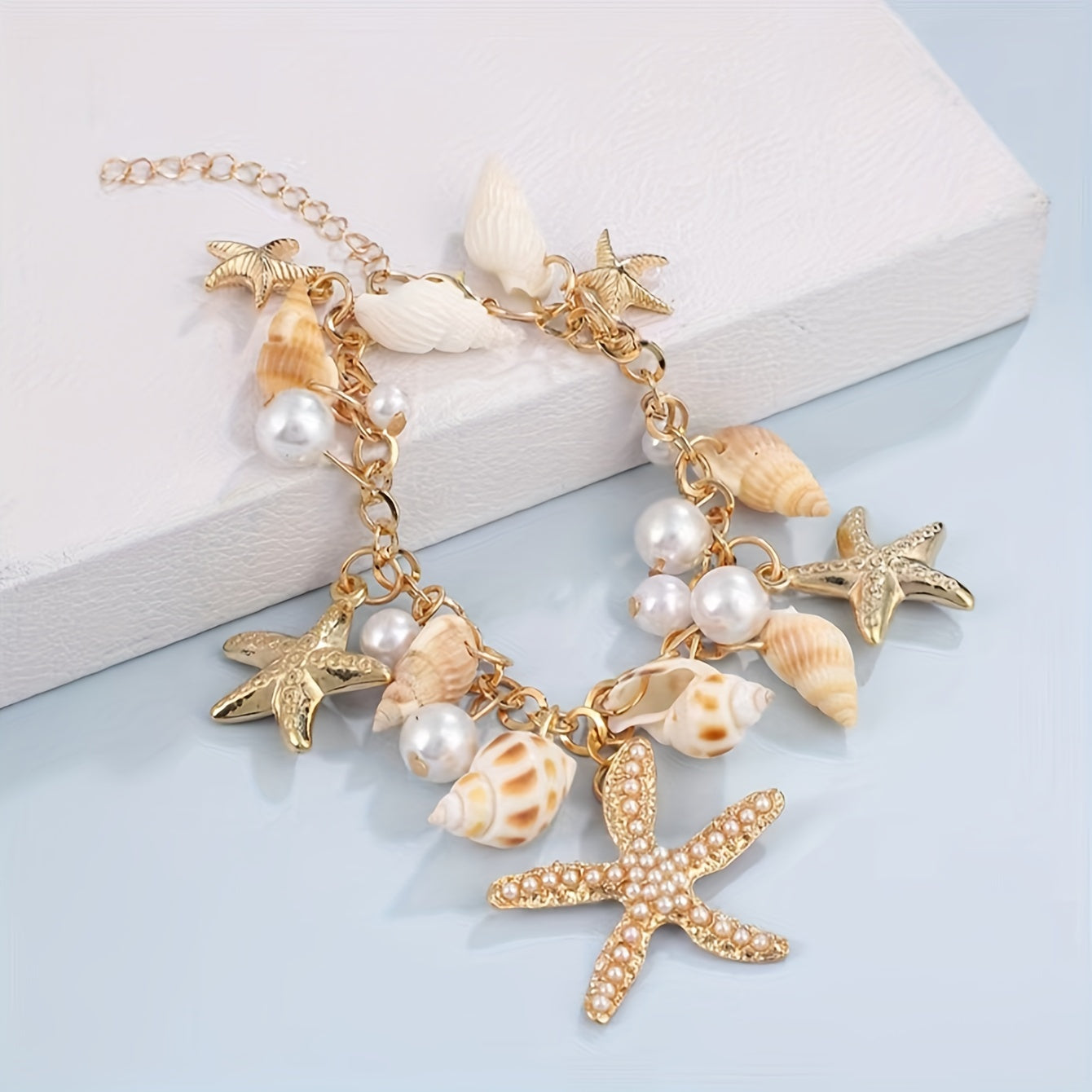 Gold-Tone Seashell, Starfish & Pearl Charm Bracelet