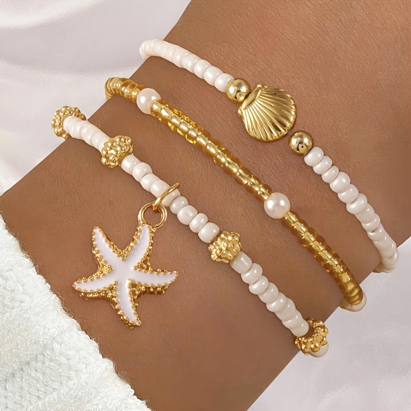 Gold & White Starfish & Shell Beaded Bracelets