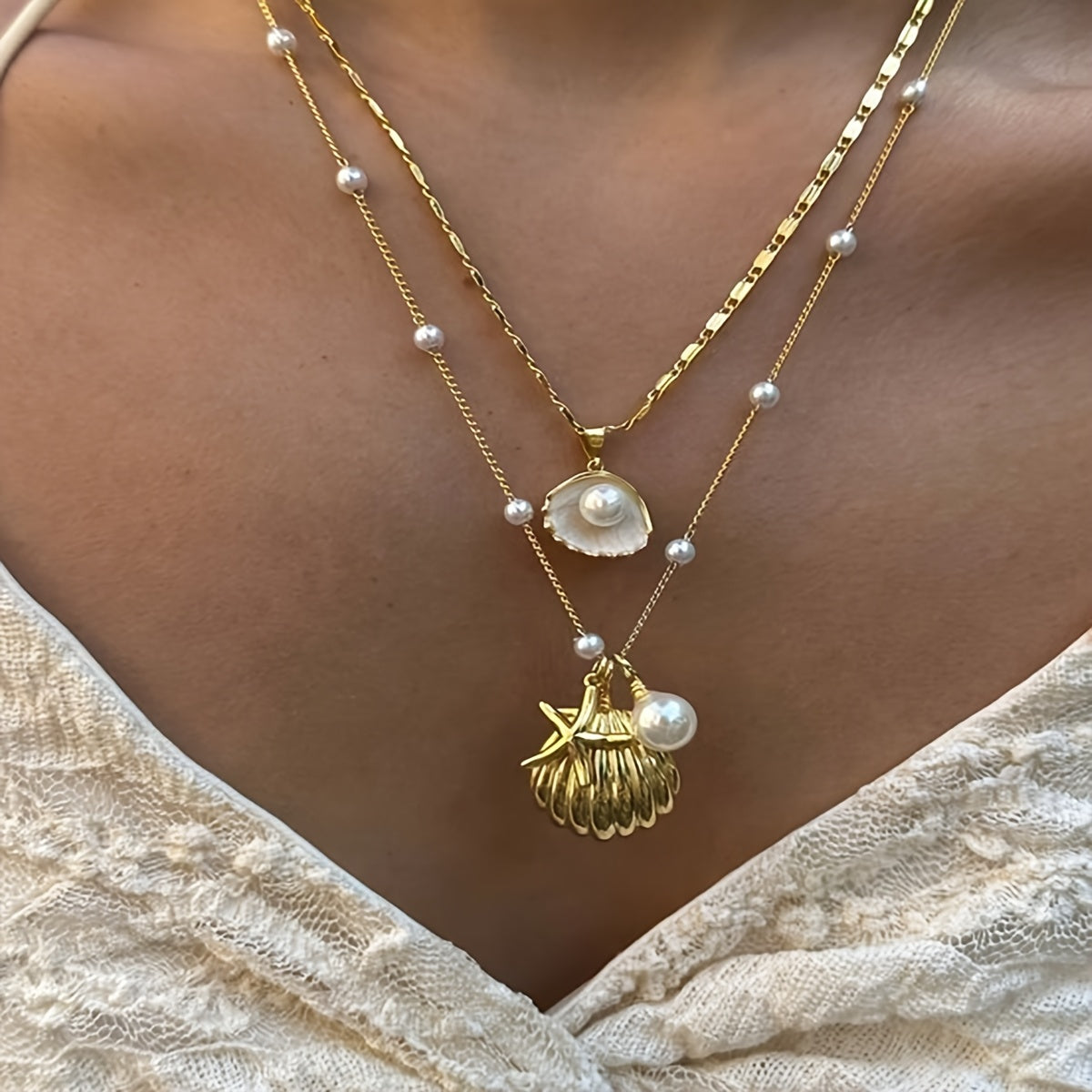 Gold Layered Pearl Seashell Charm Necklaces