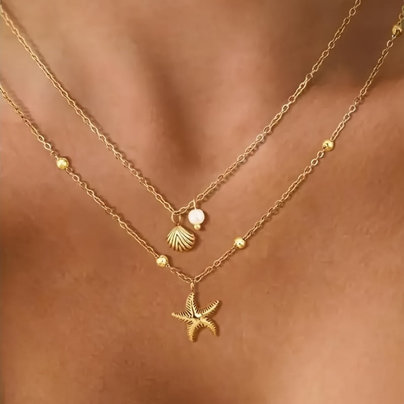 Layered Gold Necklace with Pearl, Seashell & Starfish