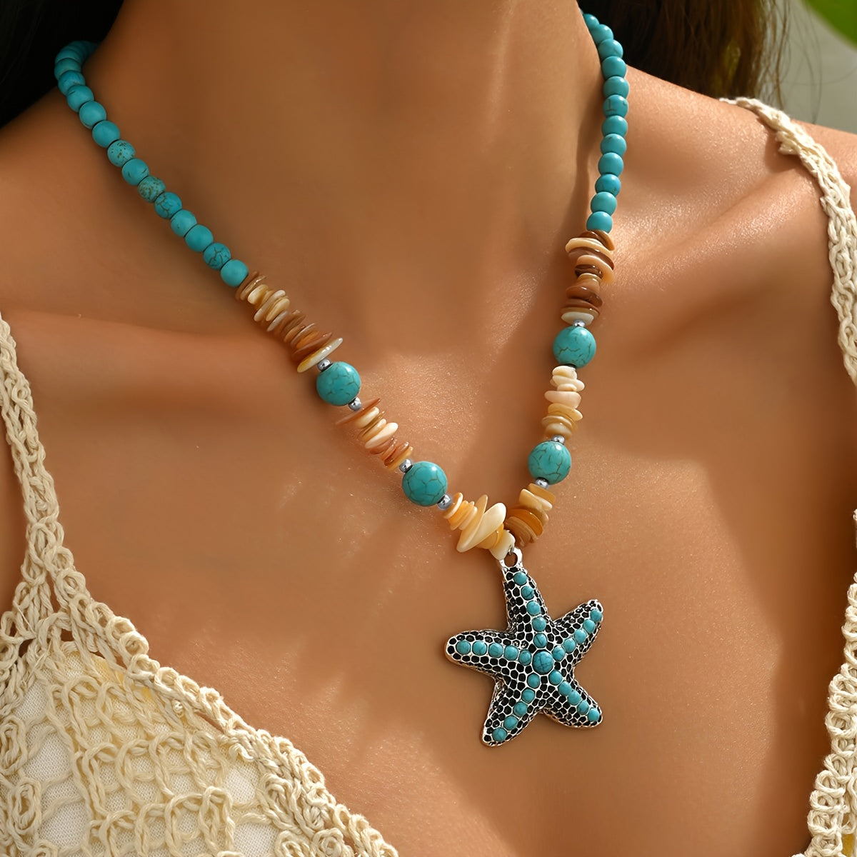 Bohemian Turquoise Starfish and Shell Chip Necklace