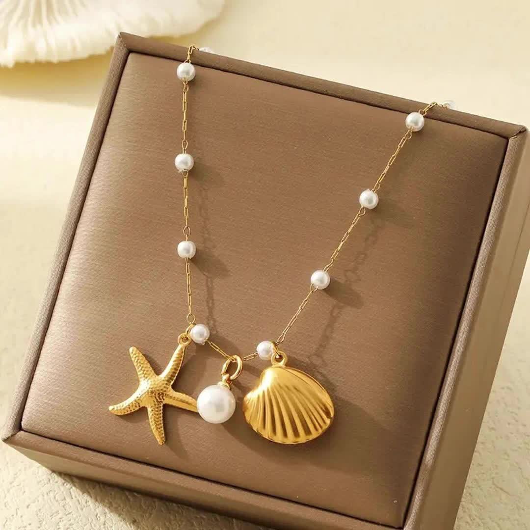 Bohemian Gold Charm Necklace with Starfish & Pearls