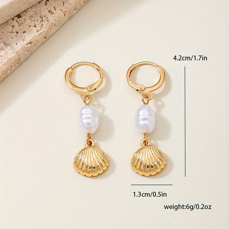 Dainty Gold Drop Earrings with Pearl & Scallop Shell