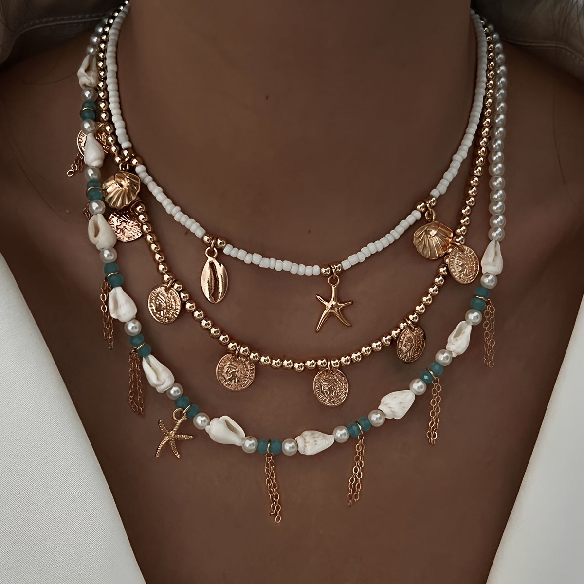 Bohemian Layered Necklace with Shell & Starfish Charms