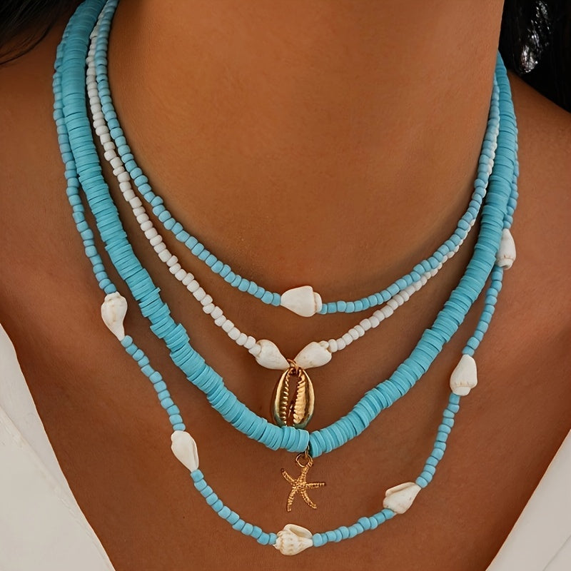 Beachy Blue Layered Necklace with Seashells & Starfish