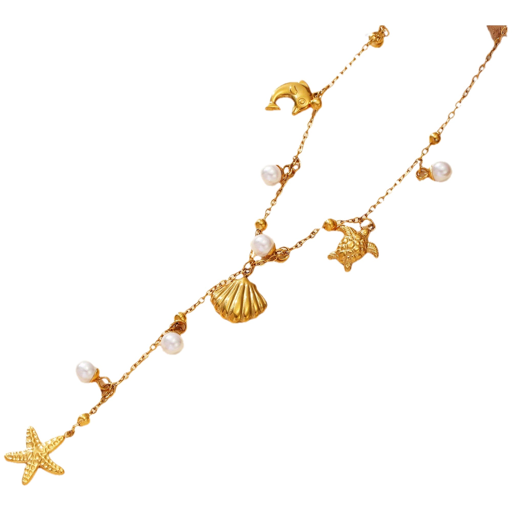 Gold-Tone Sea Charm Necklace with Pearl Drops