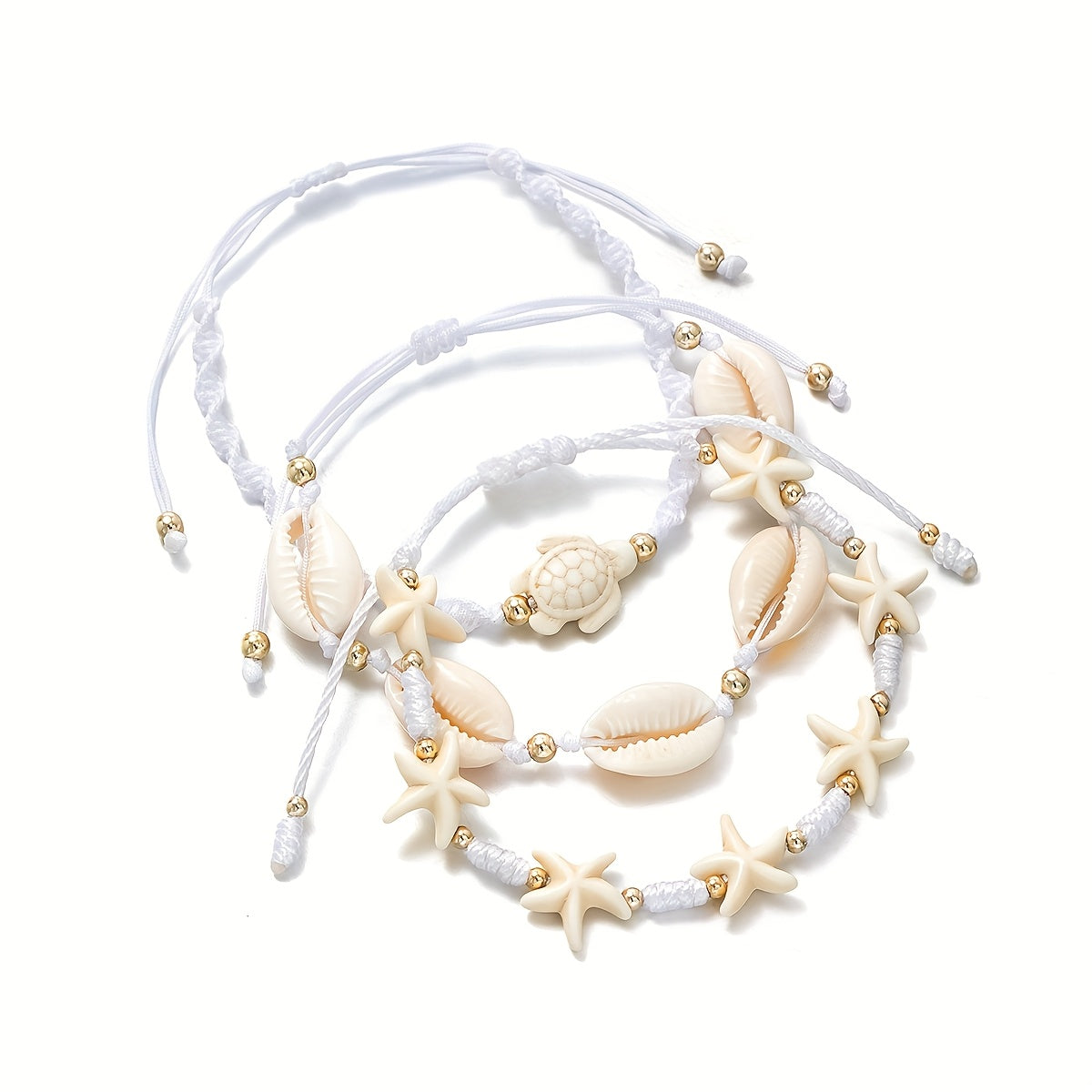 Bohemian White Woven Bracelet Set with Beach Charms