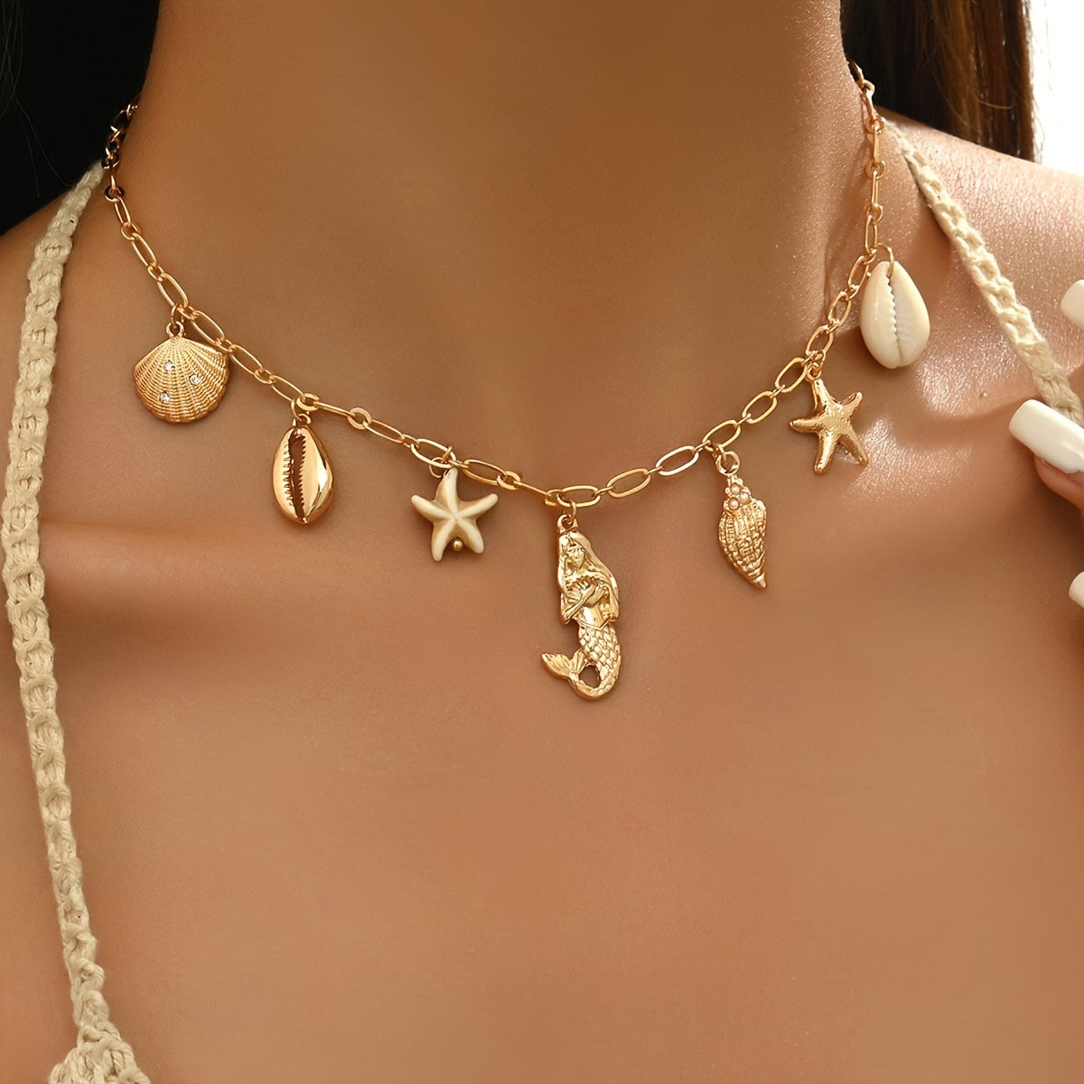 Bohemian Gold Tone Shell & Mermaid Necklace