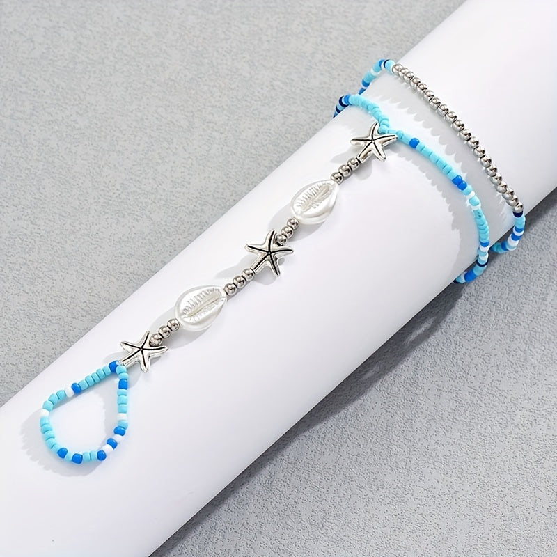 Bohemian Blue Beaded Starfish Cowrie Shell Anklet