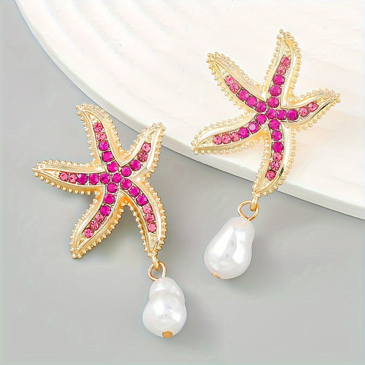 Gold-Tone Starfish Drop Earrings with Rhinestones & Pearl