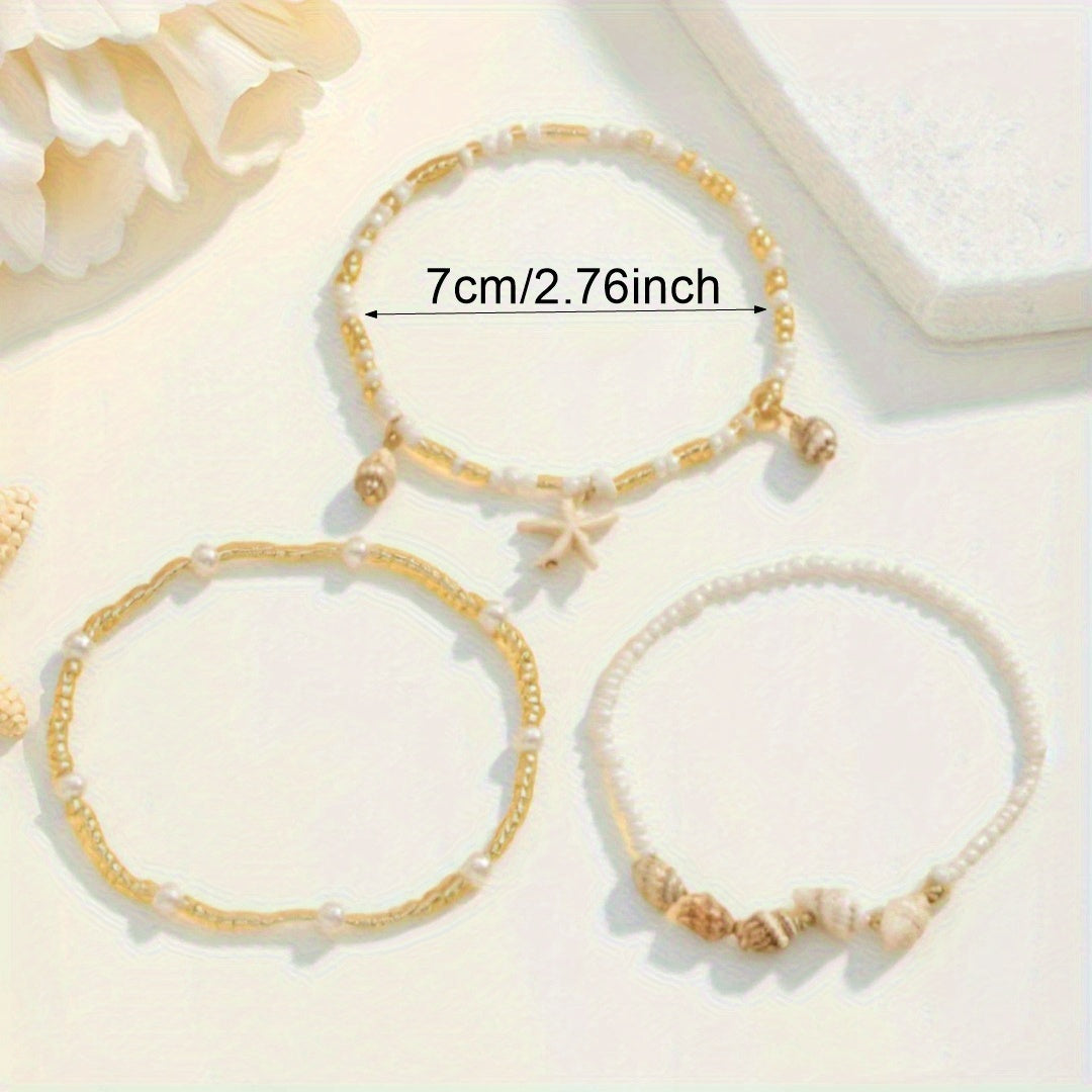 Beaded Layered Anklets with Seashells, Starfish, and Pearls