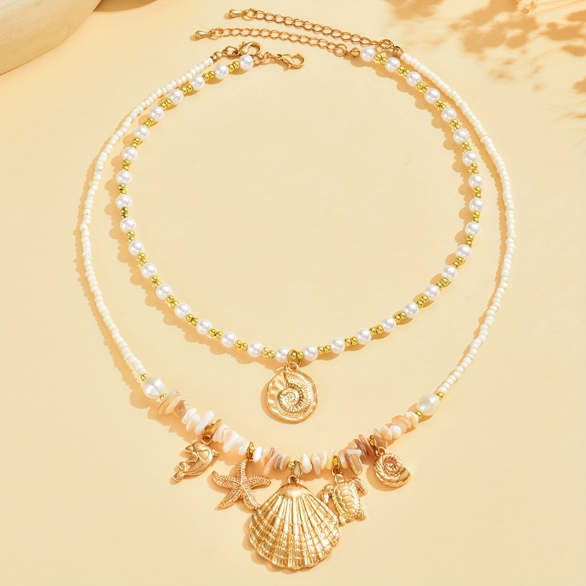 Bohemian Layered Pearl Necklace with Gold Sea Charms