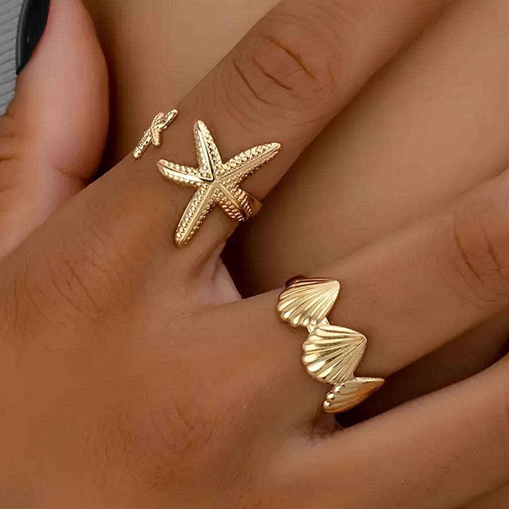 Adjustable Gold Tone Starfish & Shell Rings