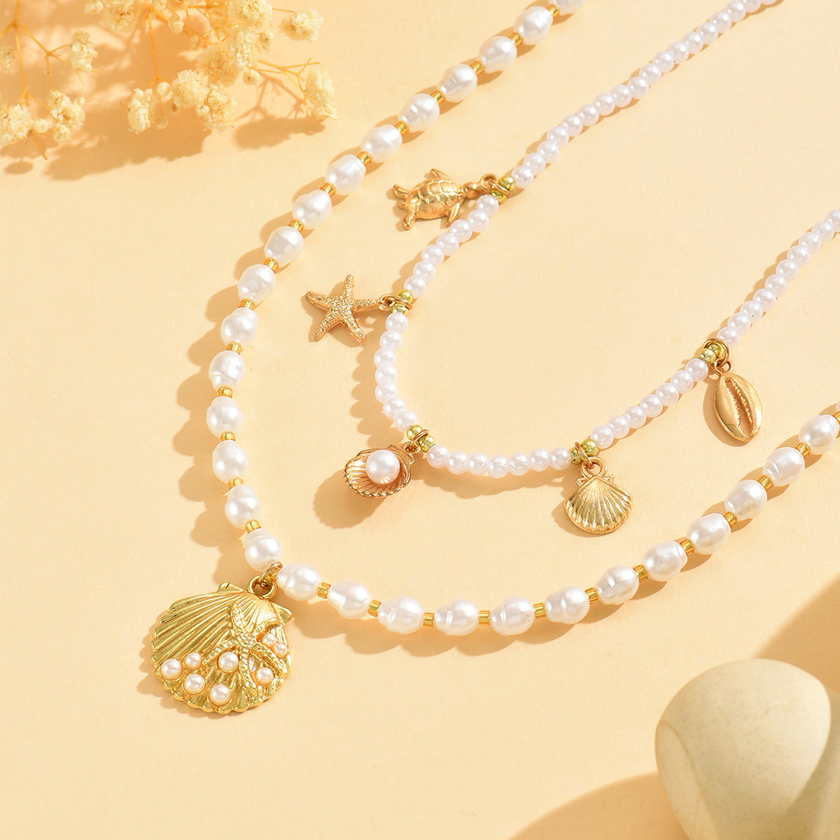 Bohemian Layered Pearl Necklace with Gold Ocean Charms