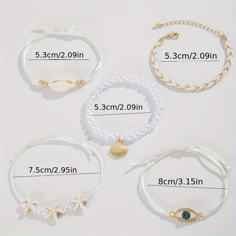 Boho White Pearl, Shell & Starfish Bracelets Set