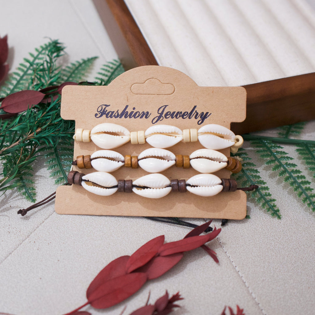 Adjustable Cowrie Shell Bracelets with Wood Beads