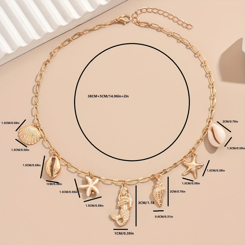 Bohemian Gold Tone Shell & Mermaid Necklace