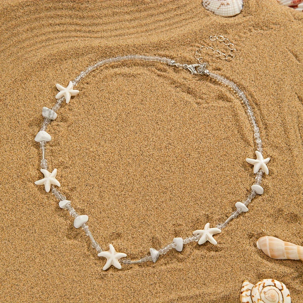 White Starfish and Stone Chip Beaded Necklace