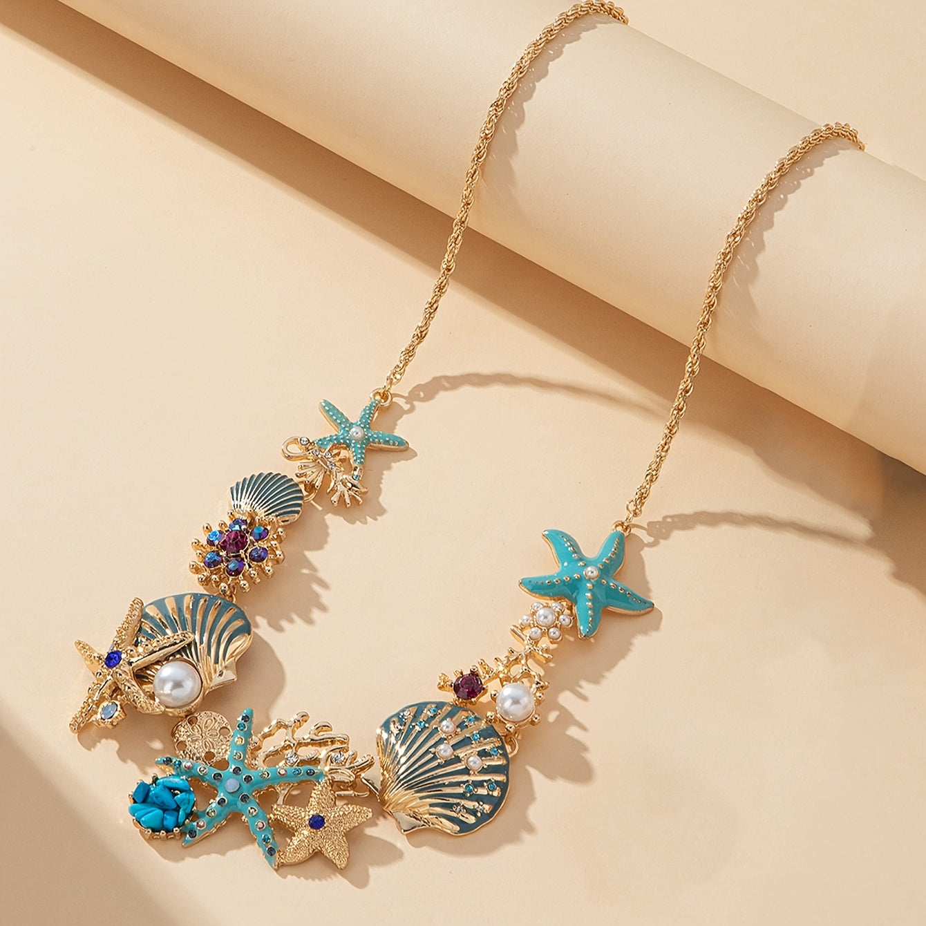 Ocean Necklace with Blue Seashell & Starfish Charms