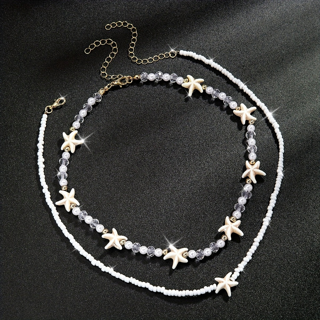 White Beaded Layered Choker with Starfish Charms