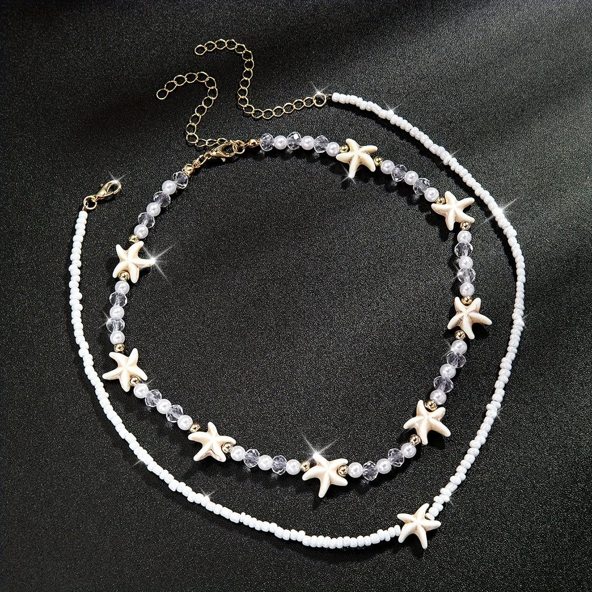 White Beaded Layered Choker with Starfish Charms