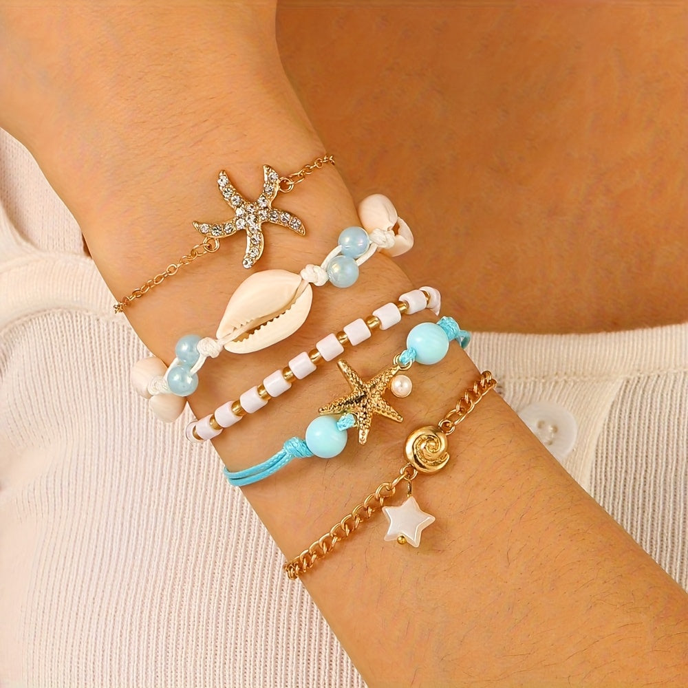 Boho White Pearl & Gold Sea Charm Stacked Bracelets
